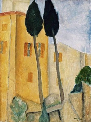 Amedeo Modigliani, Cypress Trees and Houses, Midday Landscape Art